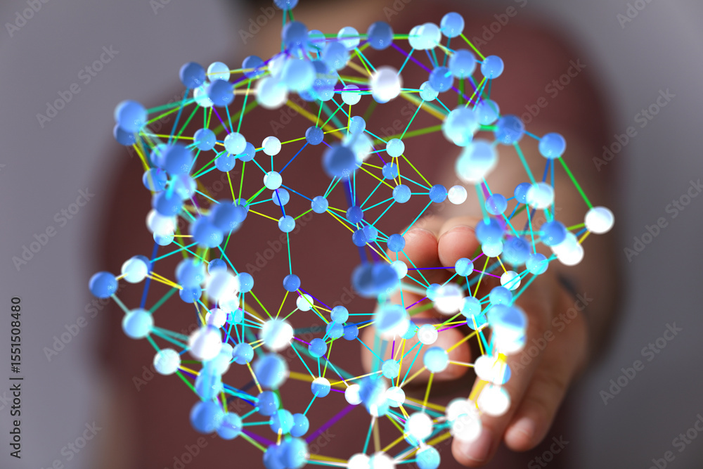 Poster abstract image of a hand interacting with a digital network. represents connection, technology, and 
