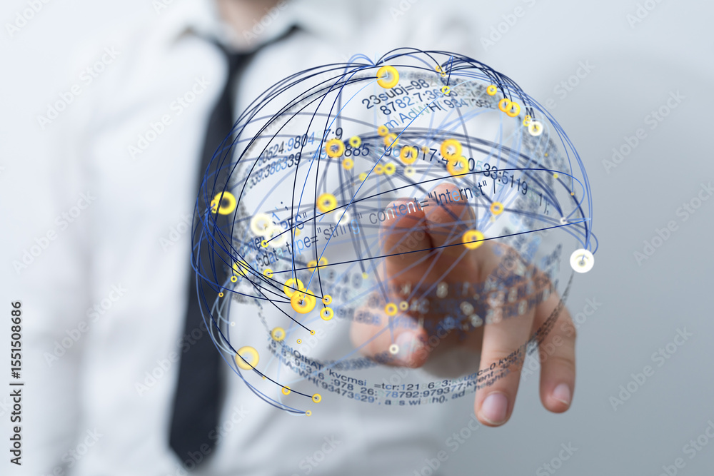 Aufkleber stock photo of a businessman interacting with a digital globe showcasing network data and connection