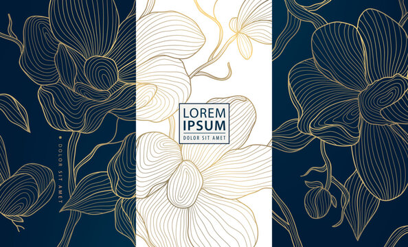 Vector set line gold oriental floral elements, chinese, japanese luxury flower background. Asian style package, wine labels, spring borders, elegant plant ornament.