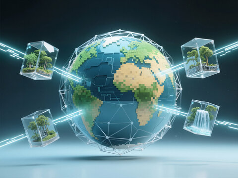 A pixelated Earth globe is encased in a digital network, with connected transparent cubes showcasing preserved miniature ecosystems.