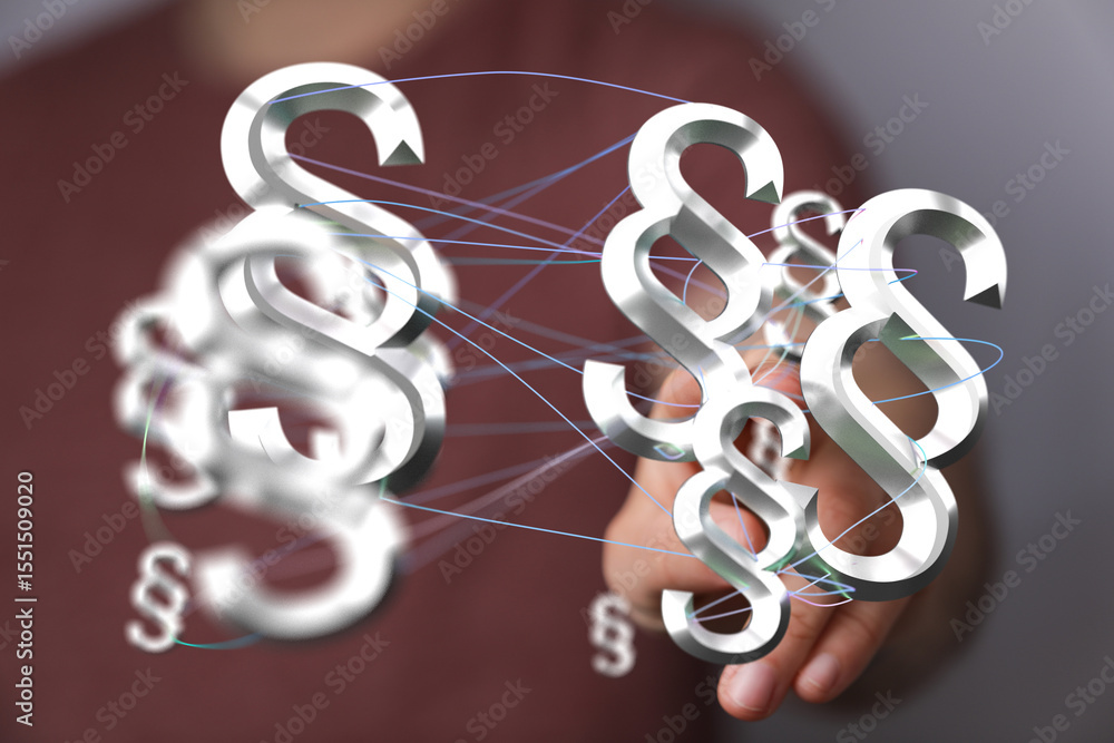 Poster abstract image of interconnected paragraph symbols, representing legal networks and regulations.