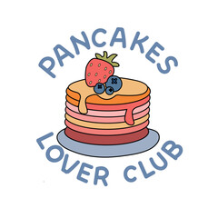 Pancakes Lover Club Logo, Cute Breakfast Food Illustration, Colorful Pancake Stack with Berries and Strawberry Sweet Treat Vector Art.