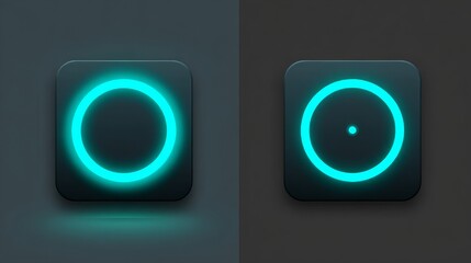 Two sleek square buttons with rounded corners on dark backgrounds, featuring glowing teal-blue circular elements; left button has a solid illuminated ring, right button includes a small central dot
