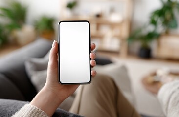 Hand holding smartphone with blank screen in cozy living room