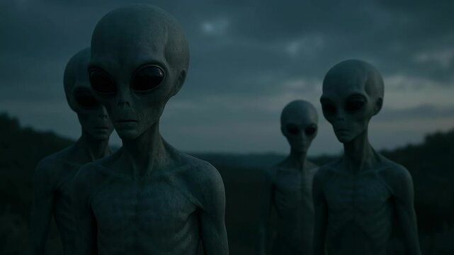 Eerie video concept featuring four aliens under a dark sky. Shot from a low angle, highlighting their large eyes and slender bodies, creating a mysterious atmosphere. Live desktop wallpaper.