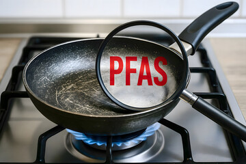 ALERTNESS ABOUT DANGEROUS PFAS Perfluoroalkyl and Polyfluoroalkyl substances in cookware, non stick frying pan - Concept with magnifying glass