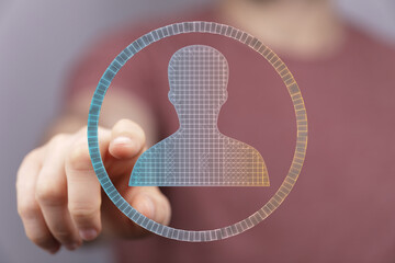 Hand points to a digital profile icon, representing online identity, user accounts, and digital...