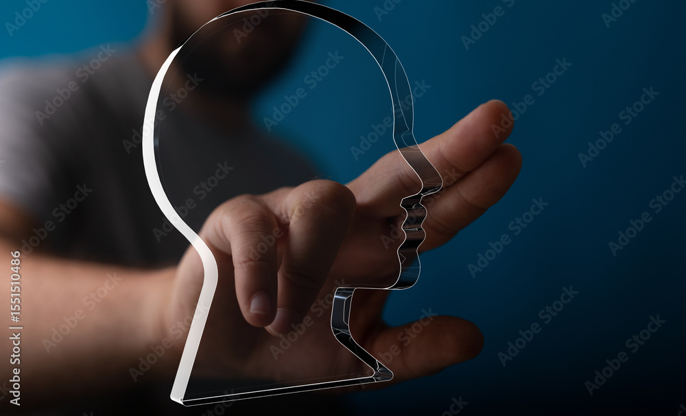 Poster a hand interacts with a translucent head shape, symbolizing concept, idea, or mental process.