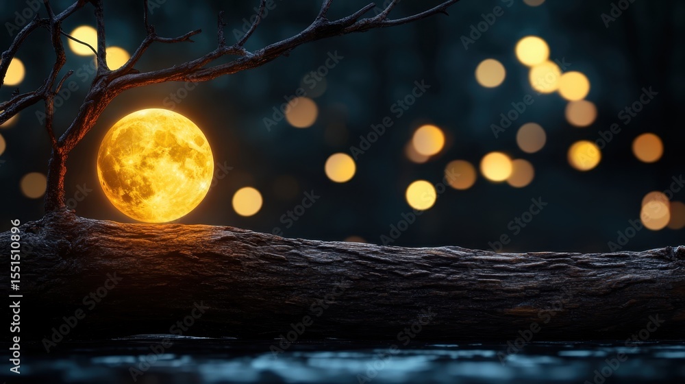 Poster a stunning full moon illuminating a tranquil landscape, accentuated by soft bokeh lights, creating a