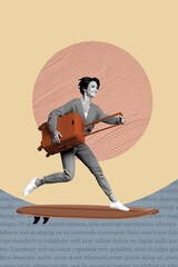 Trendy art creative vertical photo collage of happy girl stand surfboard carry suitcase summer...