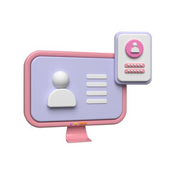3d cartoon computer screen displaying user profile and login credentials