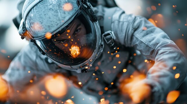 An astronaut in a space suit navigates through a stunning scene filled with flying sparks and fire, embodying adventure and the spirit of exploration beyond Earth.