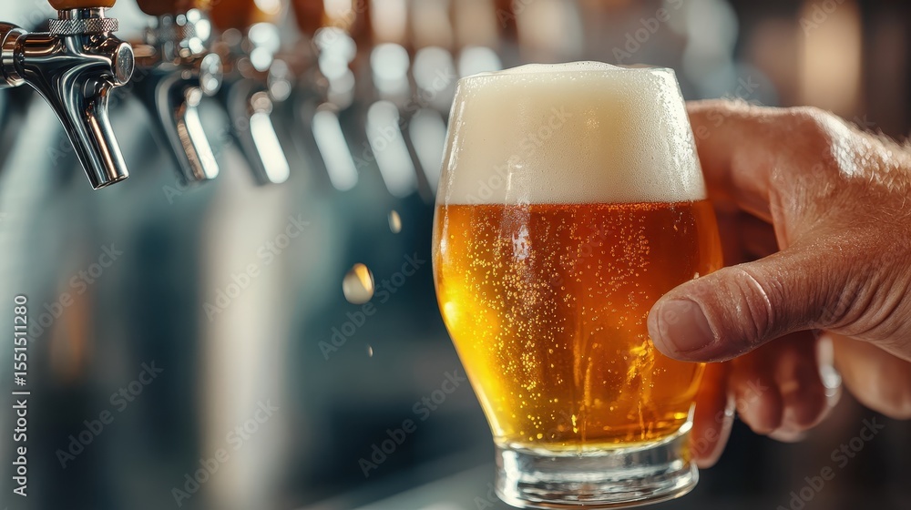 Poster a refreshing glass of beer with a perfect foam head is held above a bar counter featuring multiple t