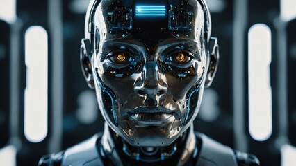 Close-up of a Futuristic Metallic Android with Glowing Eyes in a Tech Environment