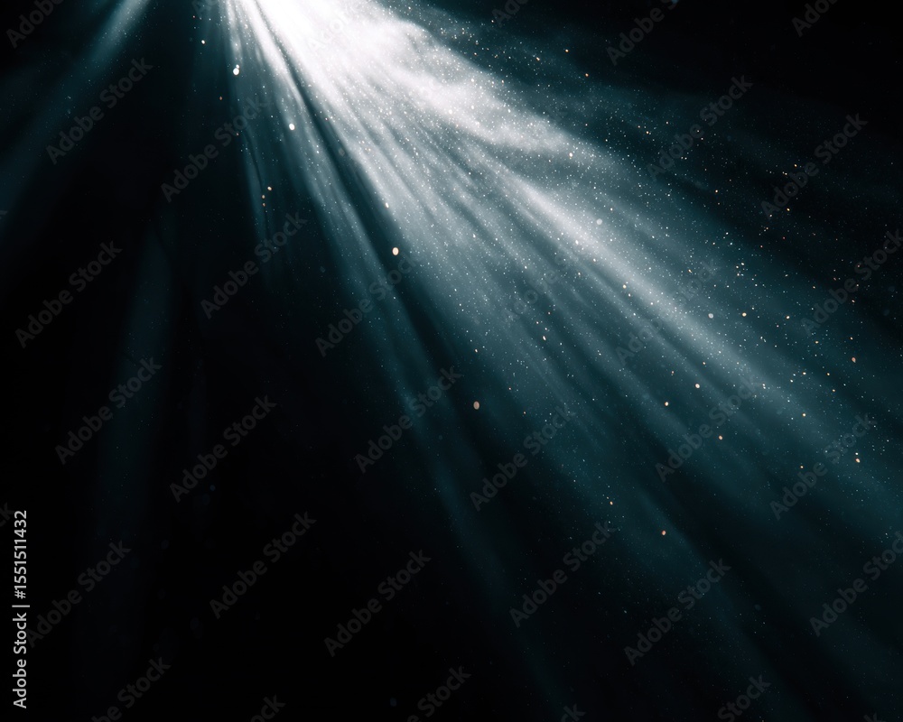 Poster a dramatic display of light rays shining through a dark and ethereal atmosphere