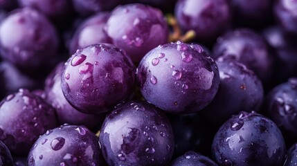 A close-up view of luscious, water-drenched purple grapes, highlighting their rich color and juicy texture, perfect for healthy living and delicious culinary creations.