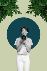 Exclusive image vertical photo collage of happy businessman businesswoman stand leaves bush...