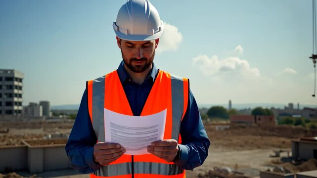 Construction engineer reading documentation on building site with crane