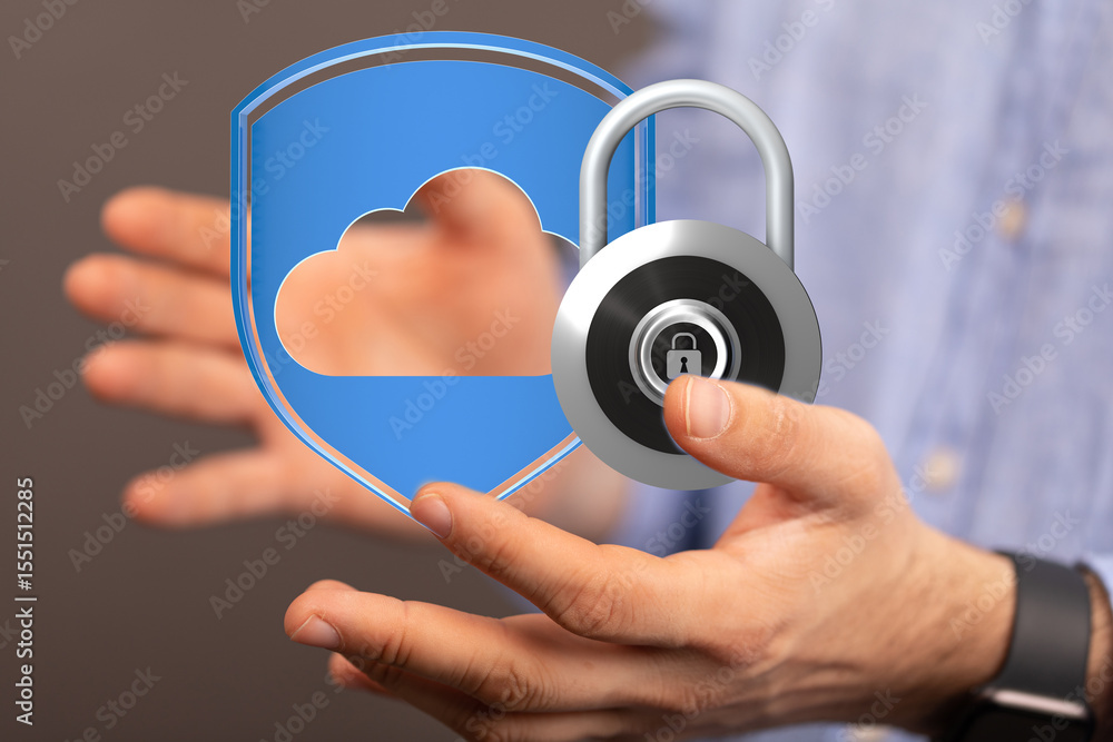Poster Protecting your cloud data is crucial.  This image depicts secure cloud storage and data encryption.