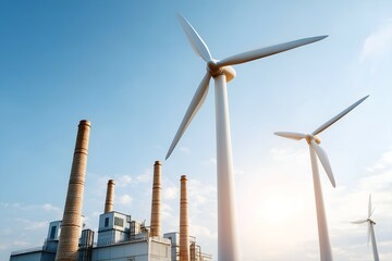Fototapeta premium Wind Turbines Standing Beside Industrial Factory With Smokestacks, Symbolizing Energy Transition From Fossil Fuels To Renewable Power And Corporate Sustainability Efforts In Clean Energy Industry