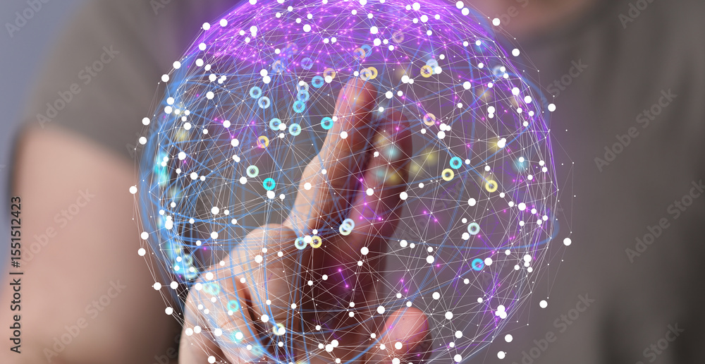 Aufkleber Abstract image of a hand interacting with a glowing network sphere. Ideal for tech, AI, and global concepts.