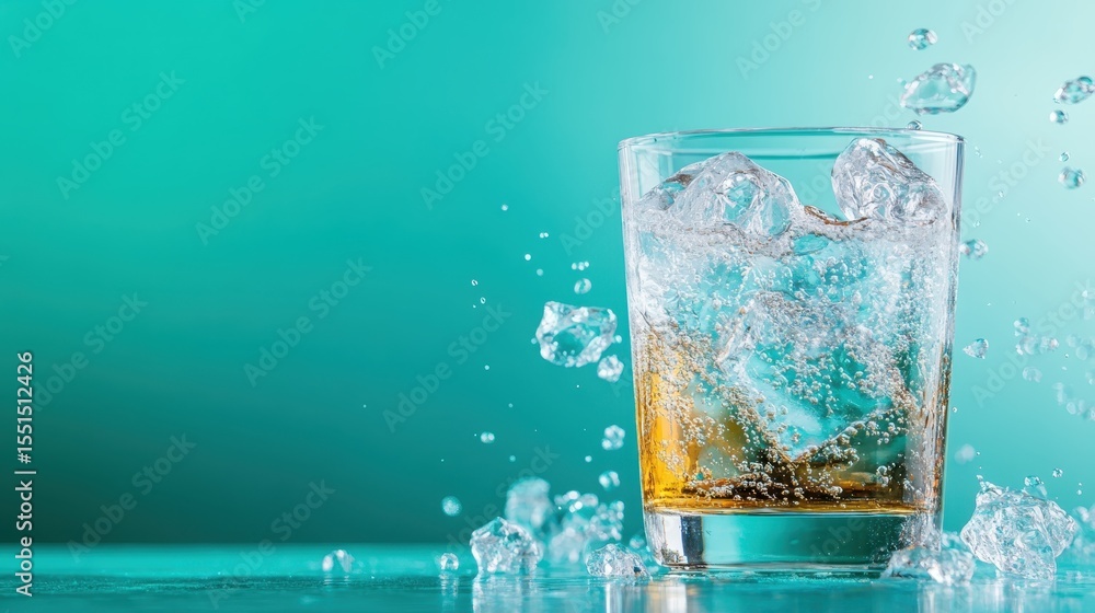 Poster a refreshing drink splashing out of a glass filled with ice cubes, captured in a vibrant setting tha