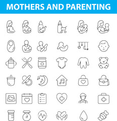 Fototapeta premium Mother and Parenting Line Icons – Baby Care, Breastfeeding, Family Love, Stroller, Diaper, Pacifier, Cradle, and More, Editable Formats: AI, EPS, JPG, PNG, Ideal for Both Digital and Print Use