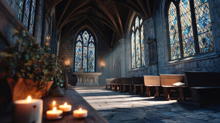 Fototapeta premium Interior of a medieval stone chapel with wooden benches and stained glass windows lit by candlelight