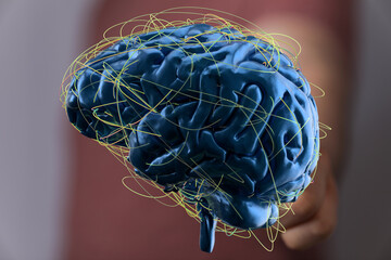 High-resolution 3D rendering of a human brain with detailed neural network connections. Perfect for...