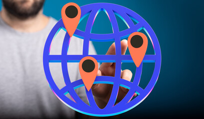 Person interacts with a 3D global network map, highlighting key locations.  Perfect for networking,...