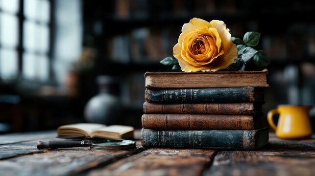 This image showcases a stack of vintage books elegantly adorned with a beautiful rose, creating a serene atmosphere filled with literary charm and artistic essence within a cozy setting.