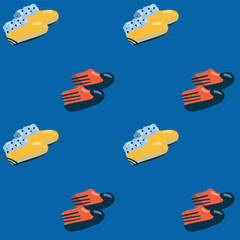 Waterproof footwear, galoshes, seamless pattern. Bright palette on blue background, hand-drawn illustration