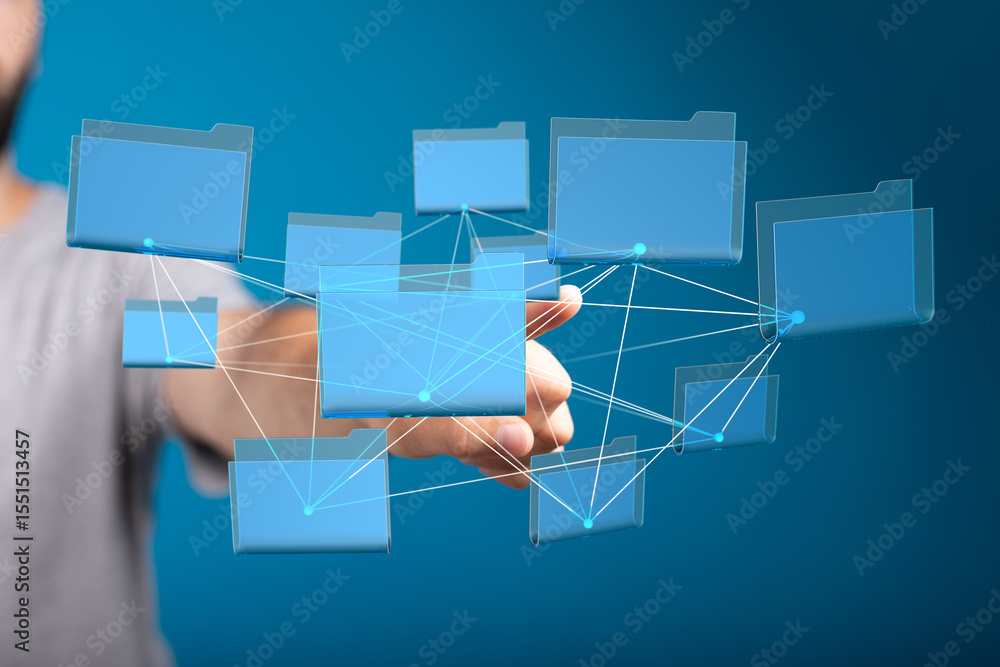 Poster person interacting with digital files, showcasing cloud storage and data sharing.