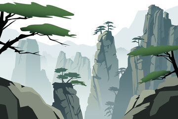 Beautiful landscape of asian mountains and rocks with trees and vegetation. Amazing rocky mountains in fog. Vector illustration of beautiful asian nature.