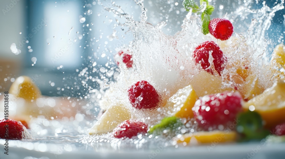 Aufkleber this dynamic image captures a refreshing splash of assorted fruits, creating an invigorating scene e