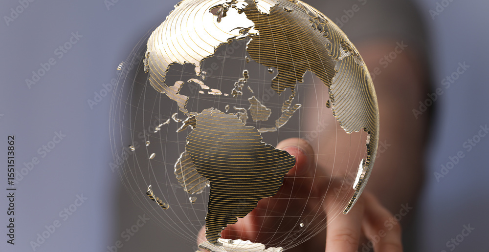 Poster Abstract image of a hand interacting with a digital globe, symbolizing global connectivity and networking.