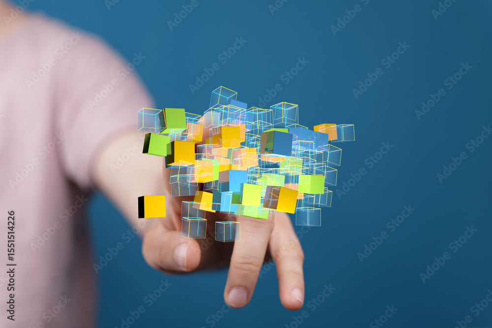 Poster Abstract image of hand interacting with colorful digital cubes, representing data, technology, innovation.