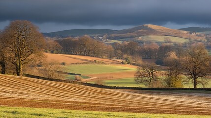 Fototapeta premium Rolling hills, farmland, and leafless trees under a dramatic sky. Sunlight illuminates the plowed fields and distant hills