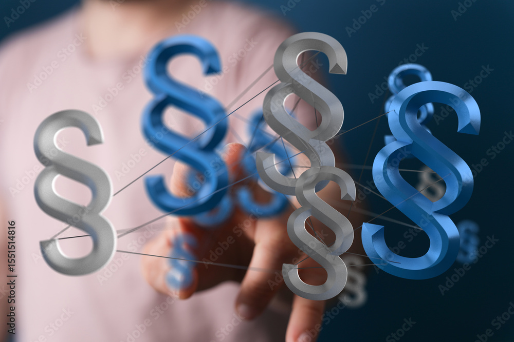 Poster abstract image of interconnected paragraph symbols, representing legal networks and collaboration.