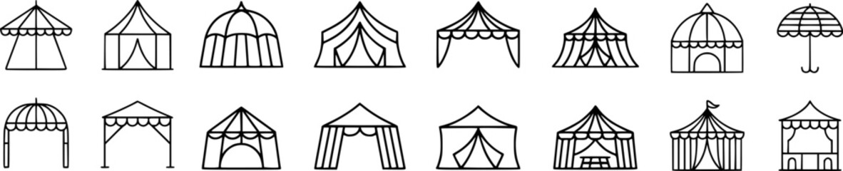 Collection of hand drawn tent and awning designs illustrating various forms and styles. © ThE MHM