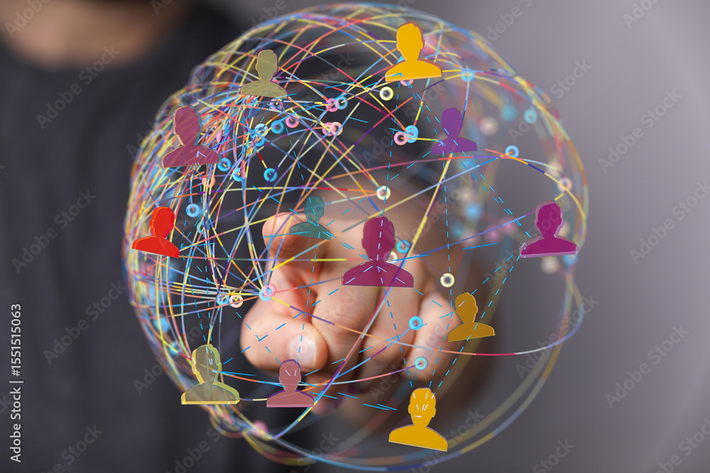 Poster image of a hand interacting with a global network of interconnected people. concept of social media,