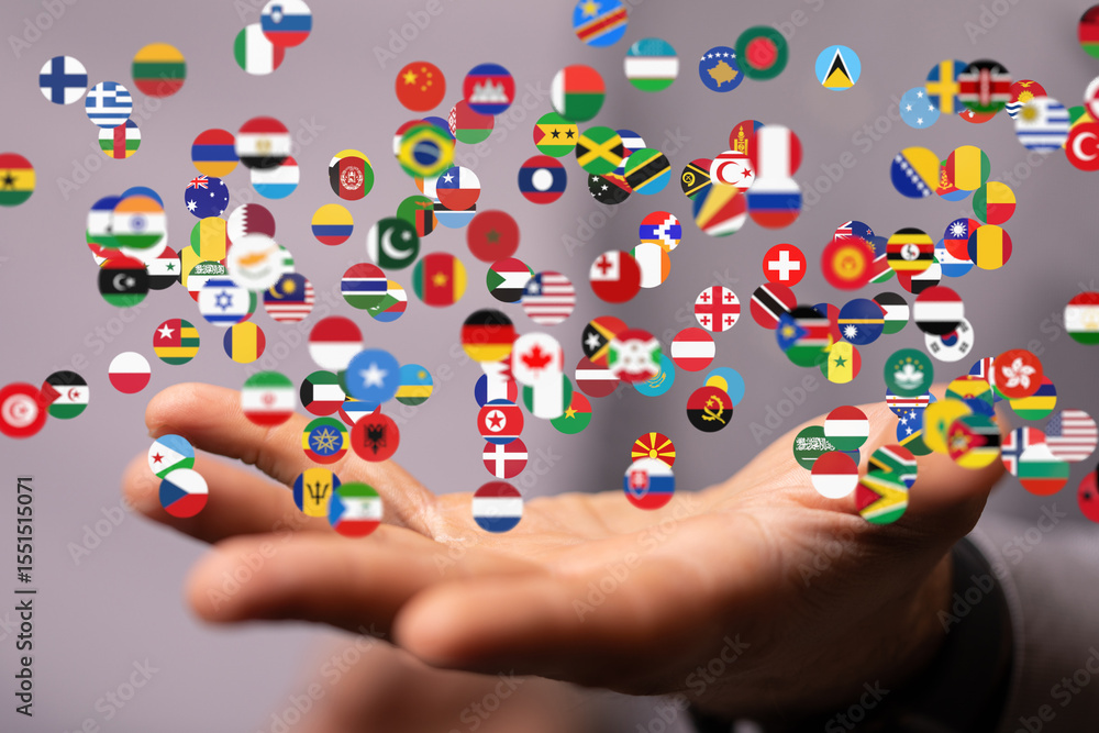 Poster image of many national flags floating towards a hand, representing global community, international r