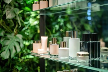 Elegant display of high-end cosmetics on glass shelves in lush greenery showcase of beauty products contemporary environment close-up view