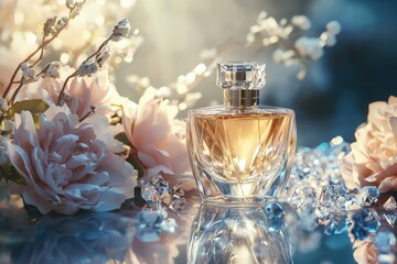 Elegant fragrance bottle displayed at a spa retreat gigapixel-standard quality serene environment captivating viewpoint