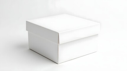Fototapeta premium A clean, white, square gift box ready for presents, featuring a minimalist design against a light background.