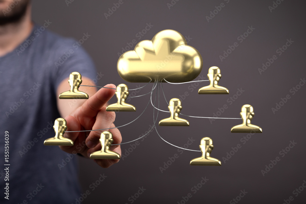 Aufkleber Golden cloud icon with connected user profiles.  Illustrates secure data sharing, network collaboration, and cloud technology.