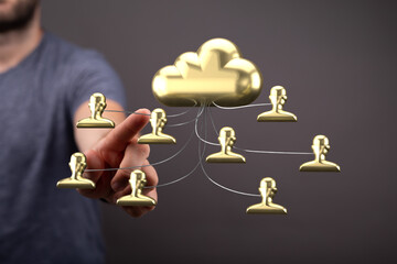 Golden cloud icon with connected user profiles.  Illustrates secure data sharing, network...