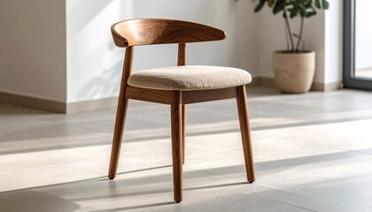 A sleek arched backrest stool in matte walnut with soft fabric seat, placed on smooth tile with diffused light.