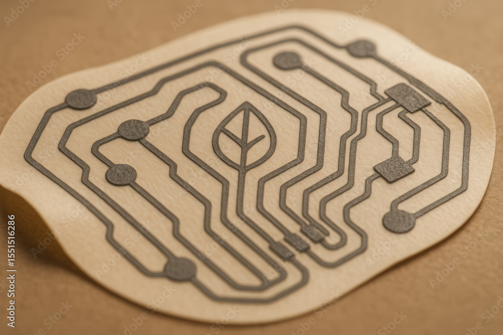 Poster bio innovation in engineering is represented by circuit board with leaf symbol highlighting sustaina
