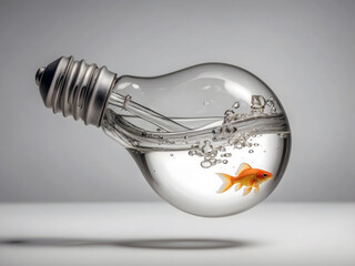 Bright orange fish swimming inside a horizontal transparent glass bulb filled with water and floating bubbles